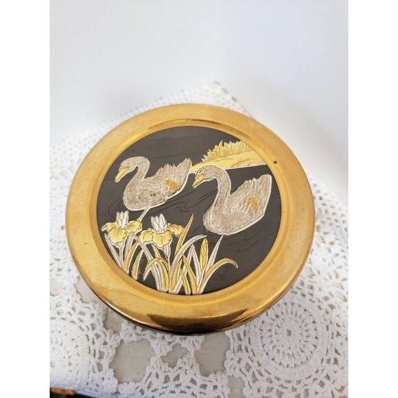 Chokin Swan Container: 24 Karat Gold Edge, Hand-Etched Decorative Storage - Picture 1 of 10